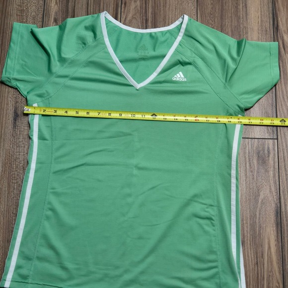 Adidas Womens Green V-Neck Short Sleeve Activewear Mesh Top Three Stripe M-L - Picture 5 of 7